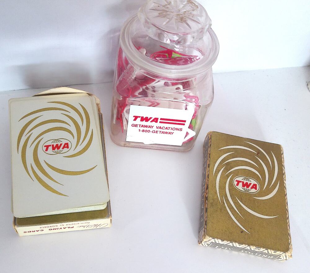 Vintage TWA Airline Cards & Paper Clip Jar Desk Set Retro Aviation Collectible